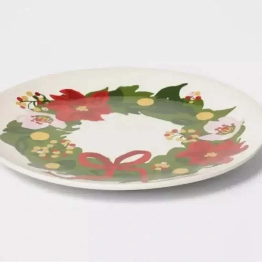Threshold Set of 4 Christmas Stoneware Appetizer Plate Poinsettia Wreath 7.5